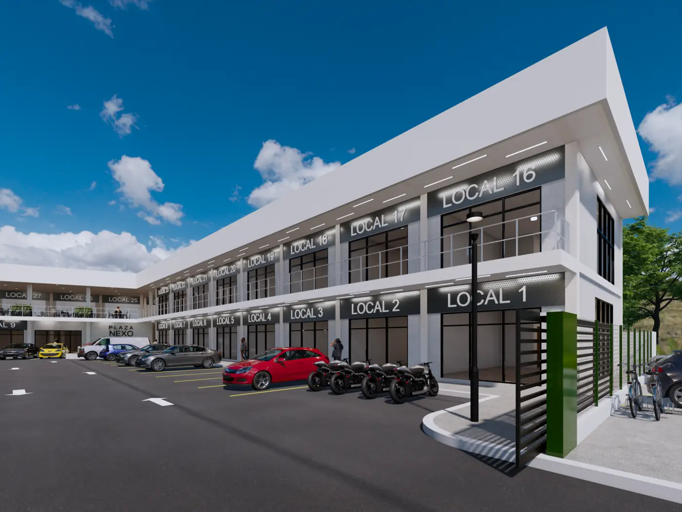 Vista lateral de locales y acceso vehicular